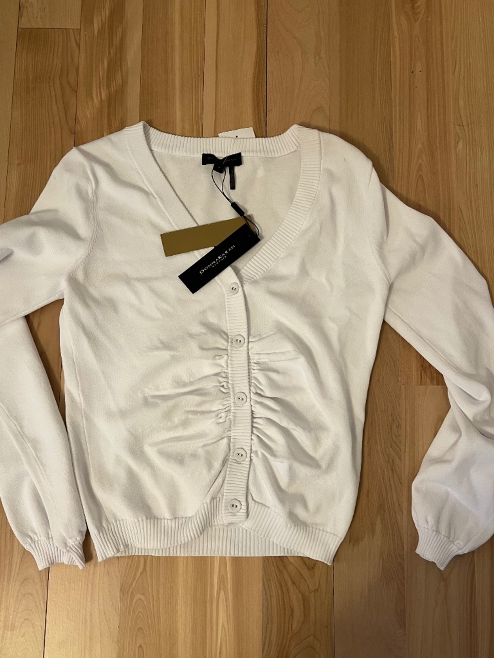 Donna Karan White Ruched Button Front Long Sleeve Top